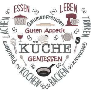 Stickdatei K&uuml;chen Herz Kochen Backen Guten Appetit...