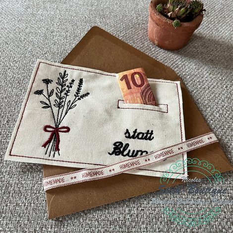Stickdatei Grußkarte Geldkarte "statt Blumen"