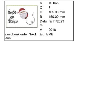  ITH Stickdatei Grußkarte "Nikolaus" mit Geldsack